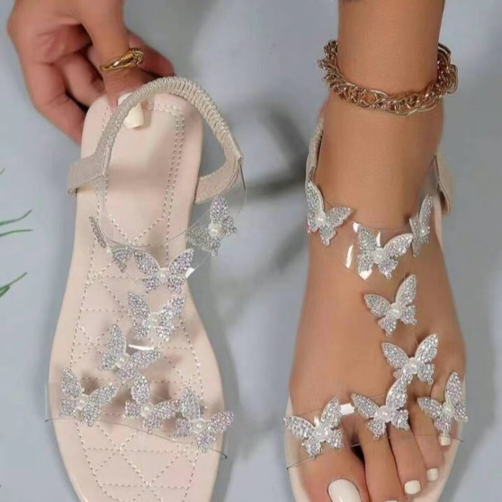 Women's Fashionable Rhinestone Butterfly Decor Slide Sandals